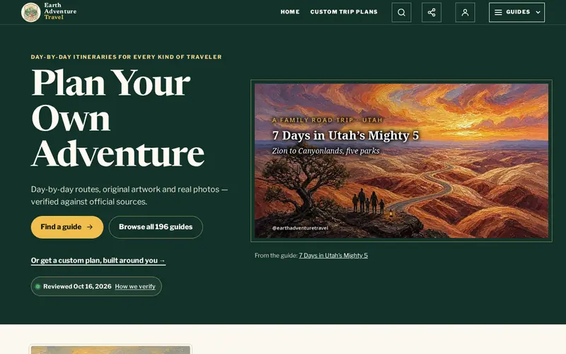 Earth Adventure Travel home page on a laptop: 'Plan Your Own Adventure' over an illustrated Utah canyon.